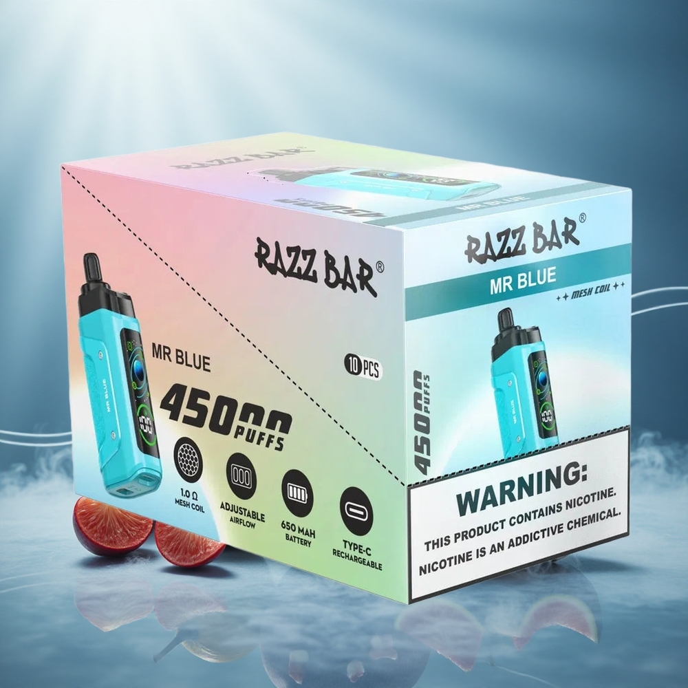 Razz Bar 45000 Puffs Wegwerp Vape Mr Blauw met 1.0 Ohm Mesh Coil en Ajusteerbare Luchtstroom