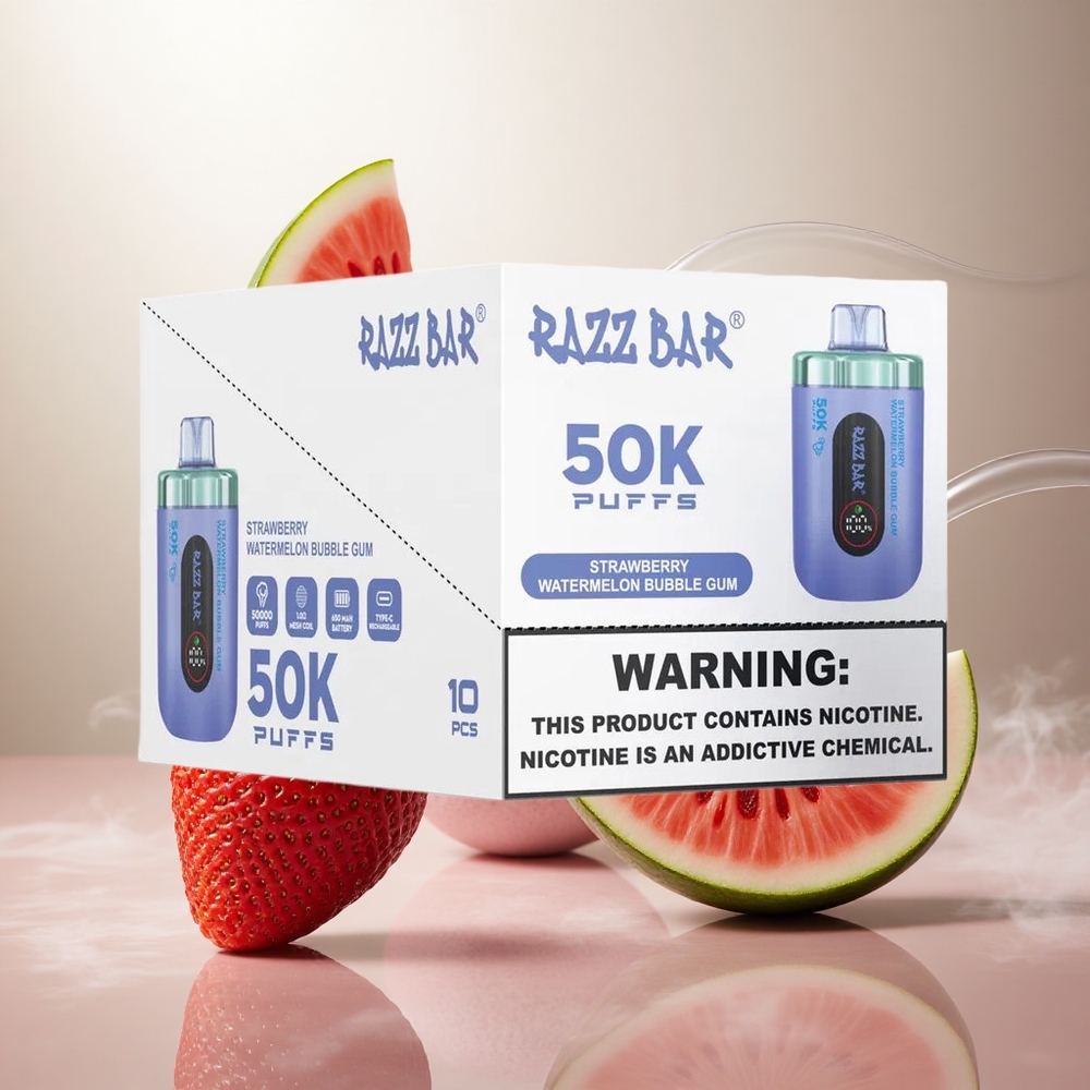 Razz Bar 50K Puffs Wegwerp Vape Aardbei Watermelon Bubble Gum Met 1.0 Ohm Mesh Coil & Type-C Oplaadbaar