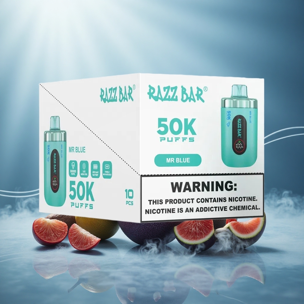 Razz Bar 50K Puffs Wegwerp Vape Mr Blauw met 1.0 Ohm Mesh Coil en 650 Mah Batterij
