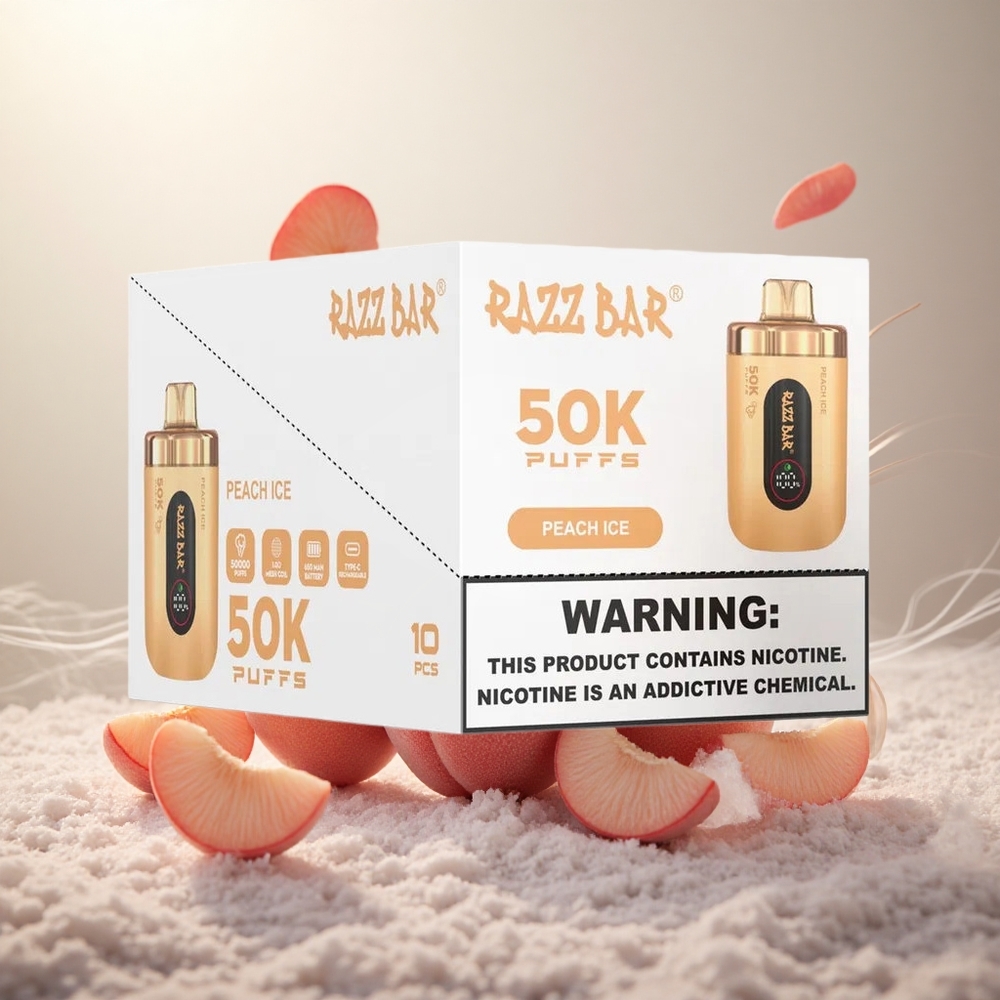 Razz Bar 50K Puffs Wegwerp Vape Perzik IJs Type-C Oplaadbaar 2% Nicotine 650 Mah Batterij
