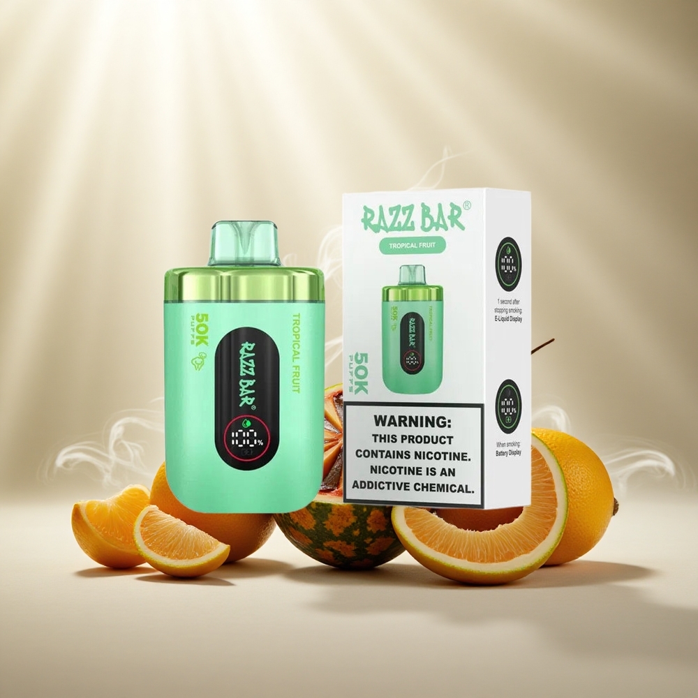 Razz Bar 50K Puffs Wegwerp Vape Tropisch Fruit & Framboos Type-C Oplaadbaar 2% Nicotine