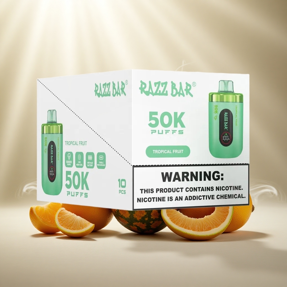 Razz Bar 50K Puffs Wegwerp Vape Tropisch Fruit & Framboos Type-C Oplaadbaar 2% Nicotine