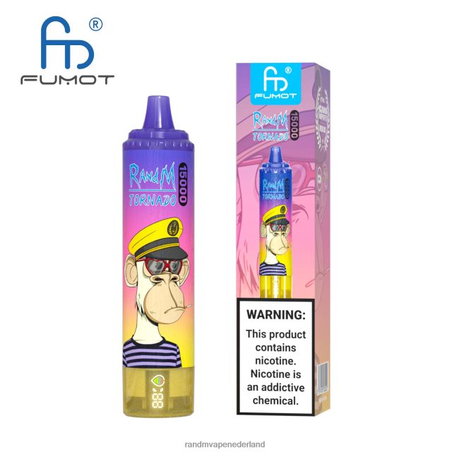 RandM Vapes Kopen - Fumot RandM Tornado 15000 vape-apparaat met batterij en ejuice-display versie 2 V8J40842 perzik bosbessen snoep