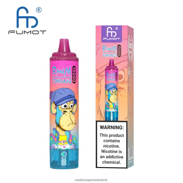 RandM Vapes Kopen - Fumot RandM Tornado 15000 vape-apparaat met batterij en ejuice-display versie 2 V8J40842 perzik bosbessen snoep