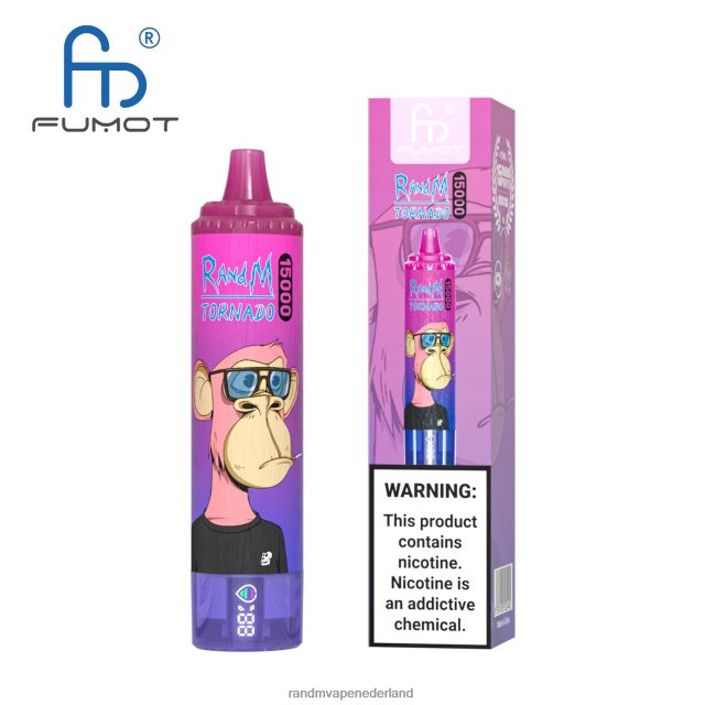 RandM Vapes Kopen - Fumot RandM Tornado 15000 vape-apparaat met batterij en ejuice-display versie 2 V8J40842 perzik bosbessen snoep