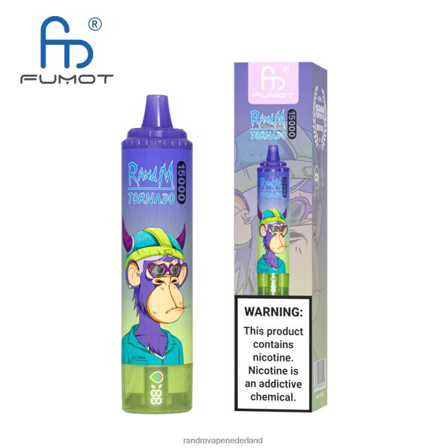 RandM Vapes Kopen - Fumot RandM Tornado 15000 vape-apparaat met batterij en ejuice-display versie 2 V8J40842 perzik bosbessen snoep
