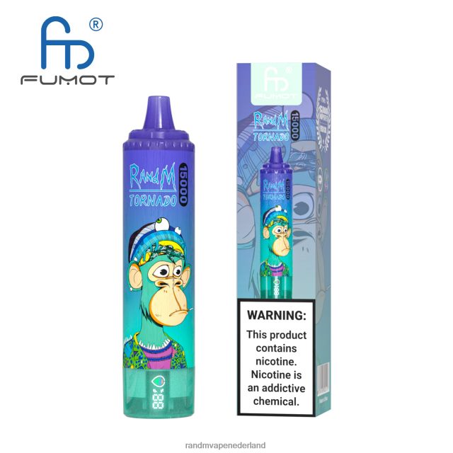 RandM Vapes Kopen - Fumot RandM Tornado 15000 vape-apparaat met batterij en ejuice-display versie 2 V8J40842 perzik bosbessen snoep