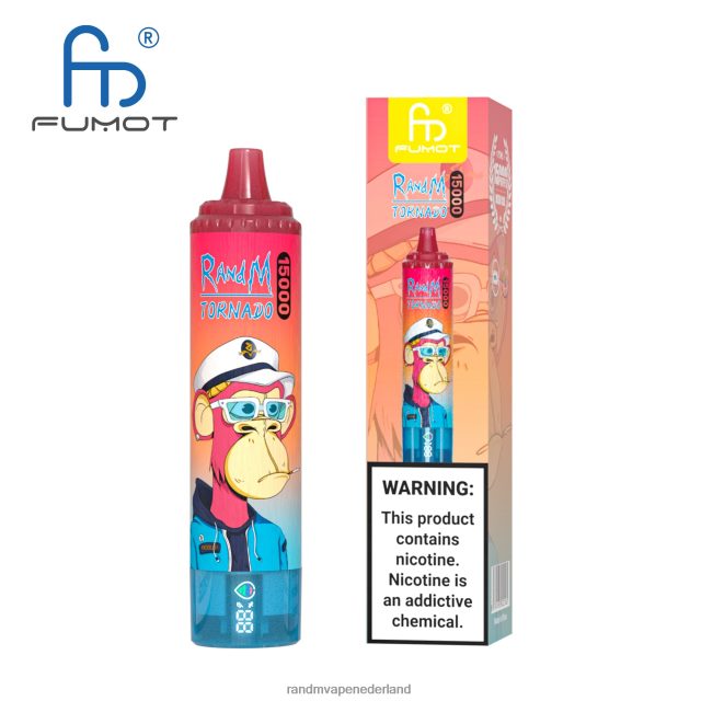 RandM Vapes Kopen - Fumot RandM Tornado 15000 vape-apparaat met batterij en ejuice-display versie 2 V8J40842 perzik bosbessen snoep