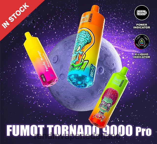 RandM Vape Netherlands - Fumot RandM Tornado 9000 pro vape-apparaat met batterij en ejuice-display versie 3 V8J408233 drievoudige mango